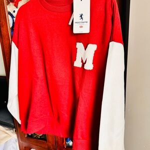 Red & White Men's Crewneck Sweater with 'M' Patch